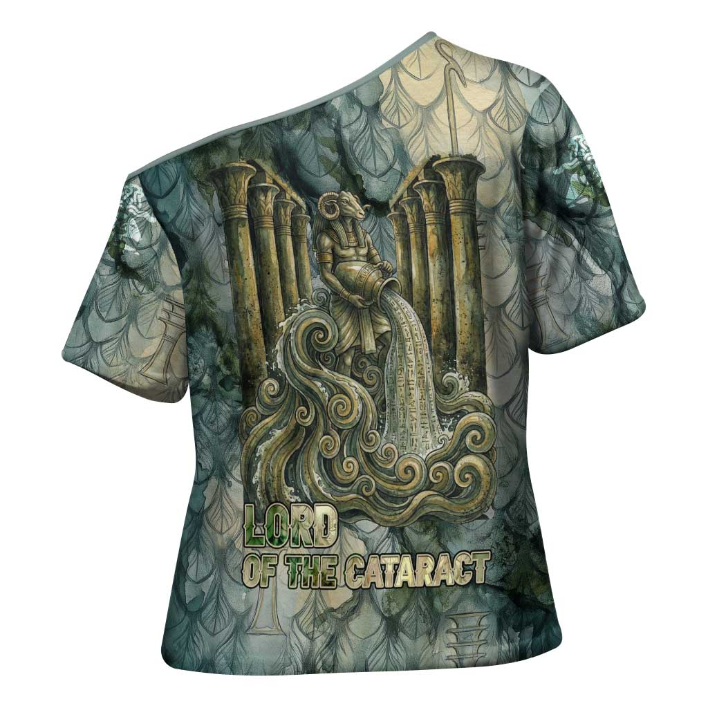 Khnum Ancient Egyptian Cross Shoulder Shirt with Smoky Leaf, Ram Head Emblem, and Guardian of the Cataract - African Pride