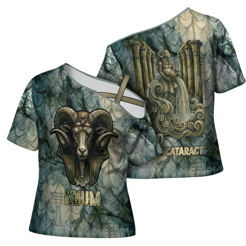 Khnum Ancient Egyptian Cross Shoulder Shirt with Smoky Leaf, Ram Head Emblem, and Guardian of the Cataract - African Pride