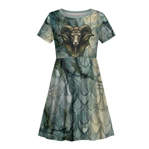 Khnum Ancient Egyptian Kid Short Sleeve Dress with Smoky Leaf, Ram Head Emblem, and Guardian of the Cataract - African Pride