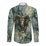 Khnum Ancient Egyptian Long Sleeve Button Shirt with Smoky Leaf, Ram Head Emblem, and Guardian of the Cataract - African Pride
