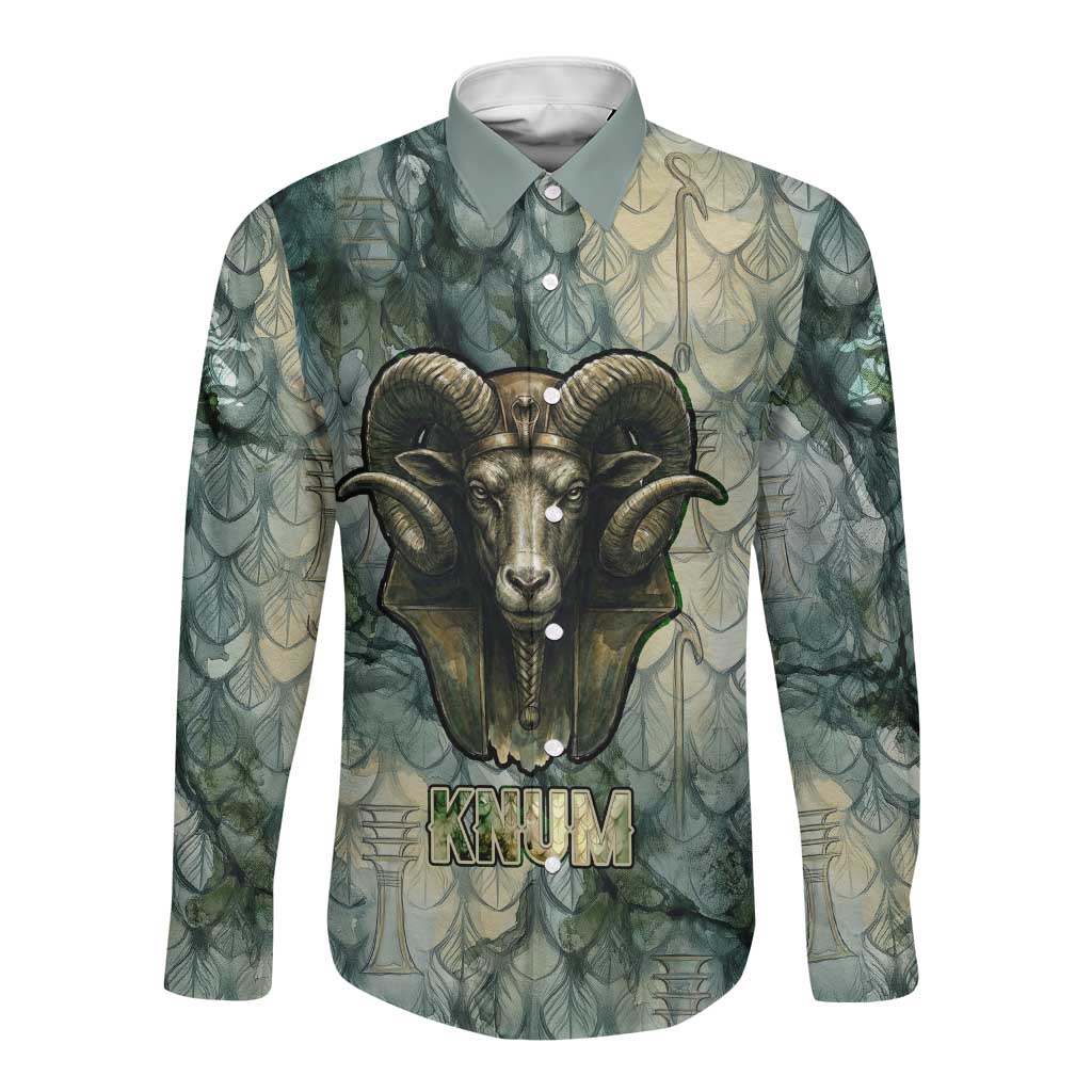 Khnum Ancient Egyptian Long Sleeve Button Shirt with Smoky Leaf, Ram Head Emblem, and Guardian of the Cataract - African Pride