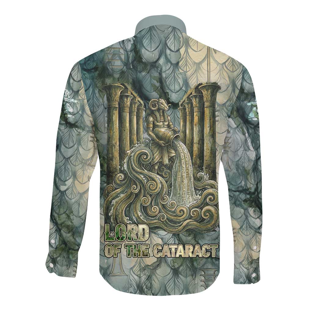 Khnum Ancient Egyptian Long Sleeve Button Shirt with Smoky Leaf, Ram Head Emblem, and Guardian of the Cataract - African Pride
