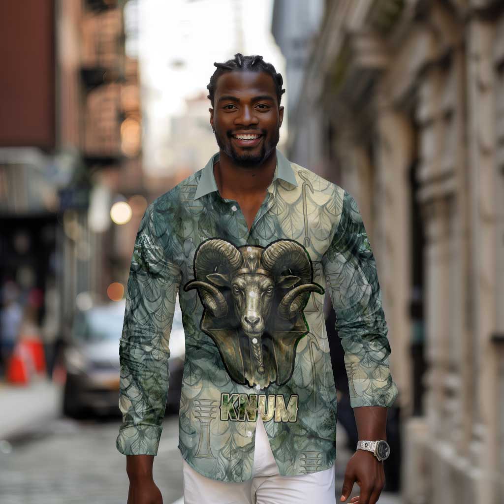 Khnum Ancient Egyptian Long Sleeve Button Shirt with Smoky Leaf, Ram Head Emblem, and Guardian of the Cataract - African Pride