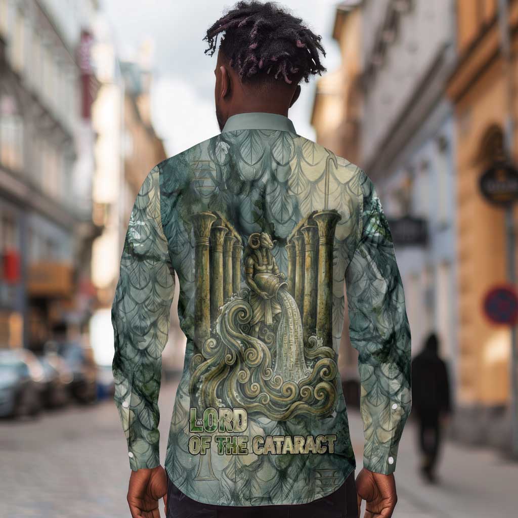 Khnum Ancient Egyptian Long Sleeve Button Shirt with Smoky Leaf, Ram Head Emblem, and Guardian of the Cataract - African Pride