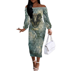 Khnum Ancient Egyptian Off The Shoulder Long Sleeve Dress with Smoky Leaf, Ram Head Emblem, and Guardian of the Cataract - African Pride