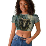 Khnum Ancient Egyptian Raglan Cropped T shirt with Smoky Leaf, Ram Head Emblem, and Guardian of the Cataract - African Pride