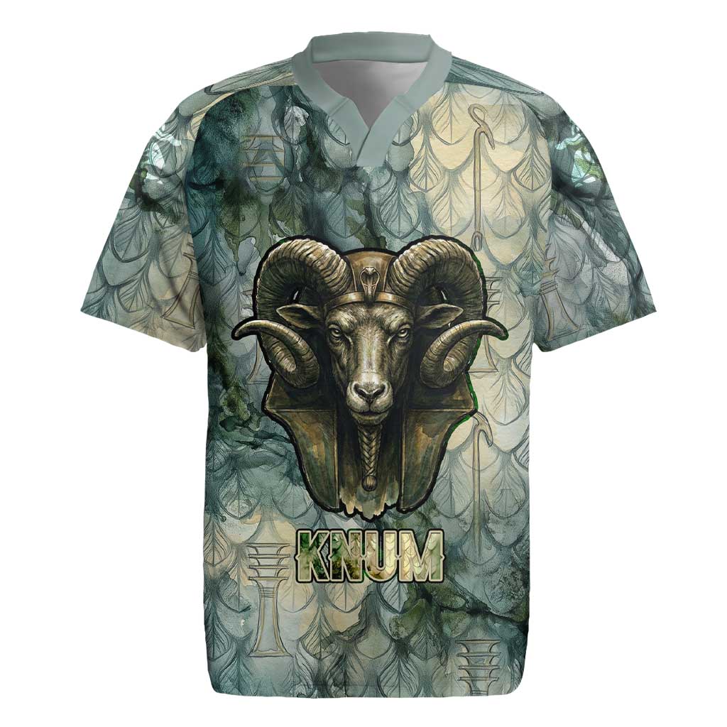 Khnum Ancient Egyptian Rugby Jersey with Smoky Leaf, Ram Head Emblem, and Guardian of the Cataract - African Pride