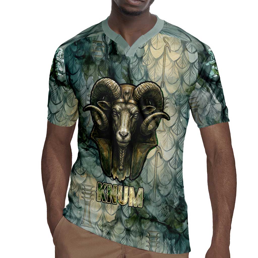 Khnum Ancient Egyptian Rugby Jersey with Smoky Leaf, Ram Head Emblem, and Guardian of the Cataract - African Pride