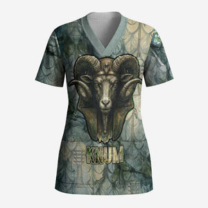 Khnum Ancient Egyptian Scrub Top with Smoky Leaf, Ram Head Emblem, and Guardian of the Cataract - African Pride