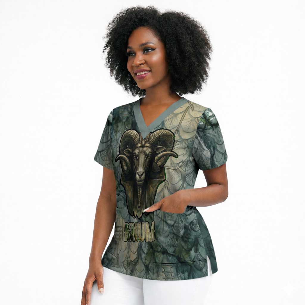 Khnum Ancient Egyptian Scrub Top with Smoky Leaf, Ram Head Emblem, and Guardian of the Cataract - African Pride