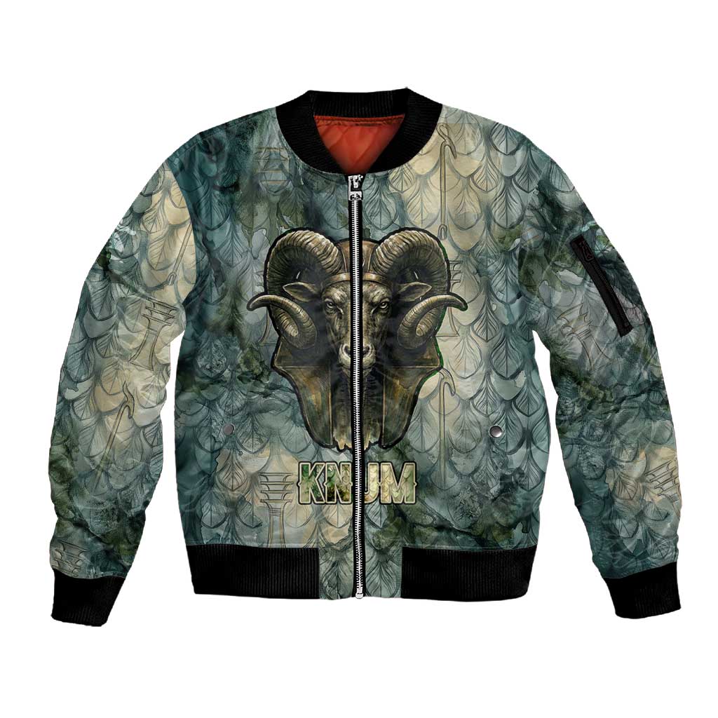 Khnum Ancient Egyptian Sleeve Zip Bomber Jacket with Smoky Leaf, Ram Head Emblem, and Guardian of the Cataract - African Pride