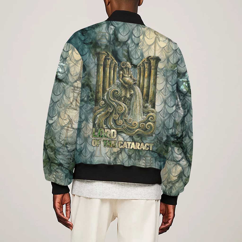 Khnum Ancient Egyptian Sleeve Zip Bomber Jacket with Smoky Leaf, Ram Head Emblem, and Guardian of the Cataract - African Pride