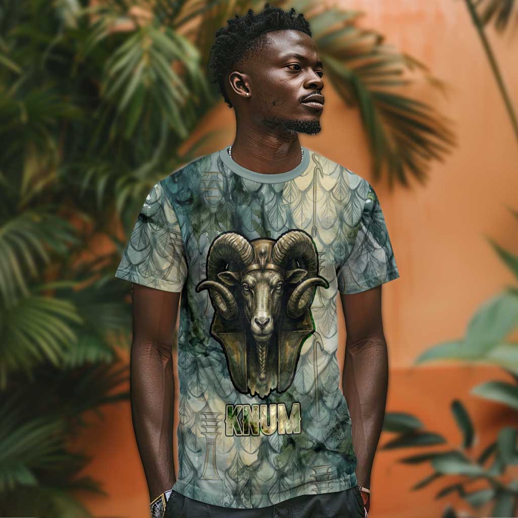 Khnum Ancient Egyptian T shirt with Smoky Leaf, Ram Head Emblem, and Guardian of the Cataract - African Pride