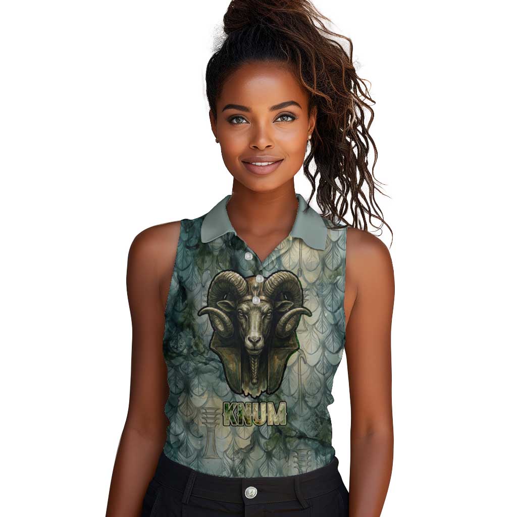 Khnum Ancient Egyptian Women Sleeveless Polo Shirt with Smoky Leaf, Ram Head Emblem, and Guardian of the Cataract - African Pride