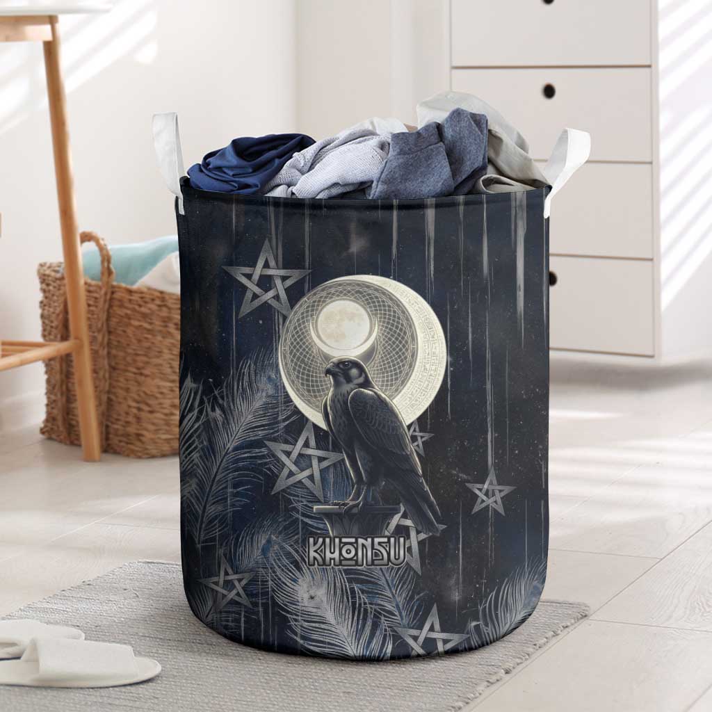 Khonsu Laundry Basket Ancient Egyptian Dark Feather Pattern, Moonlit Raven Symbol, and Eye Lotus - African Pride