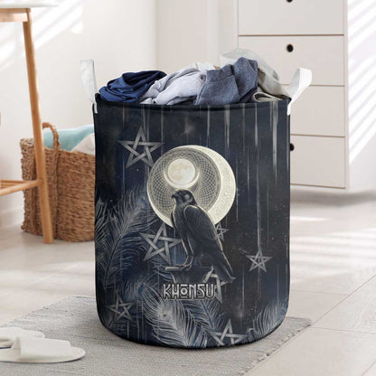 Khonsu Laundry Basket Ancient Egyptian Dark Feather Pattern, Moonlit Raven Symbol, and Eye Lotus - African Pride