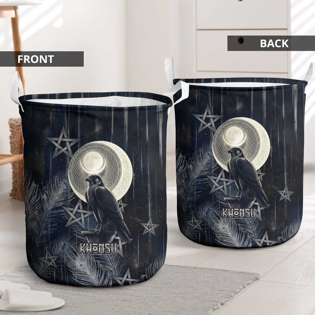 Khonsu Laundry Basket Ancient Egyptian Dark Feather Pattern, Moonlit Raven Symbol, and Eye Lotus - African Pride