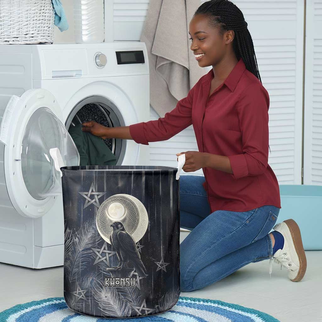 Khonsu Laundry Basket Ancient Egyptian Dark Feather Pattern, Moonlit Raven Symbol, and Eye Lotus - African Pride