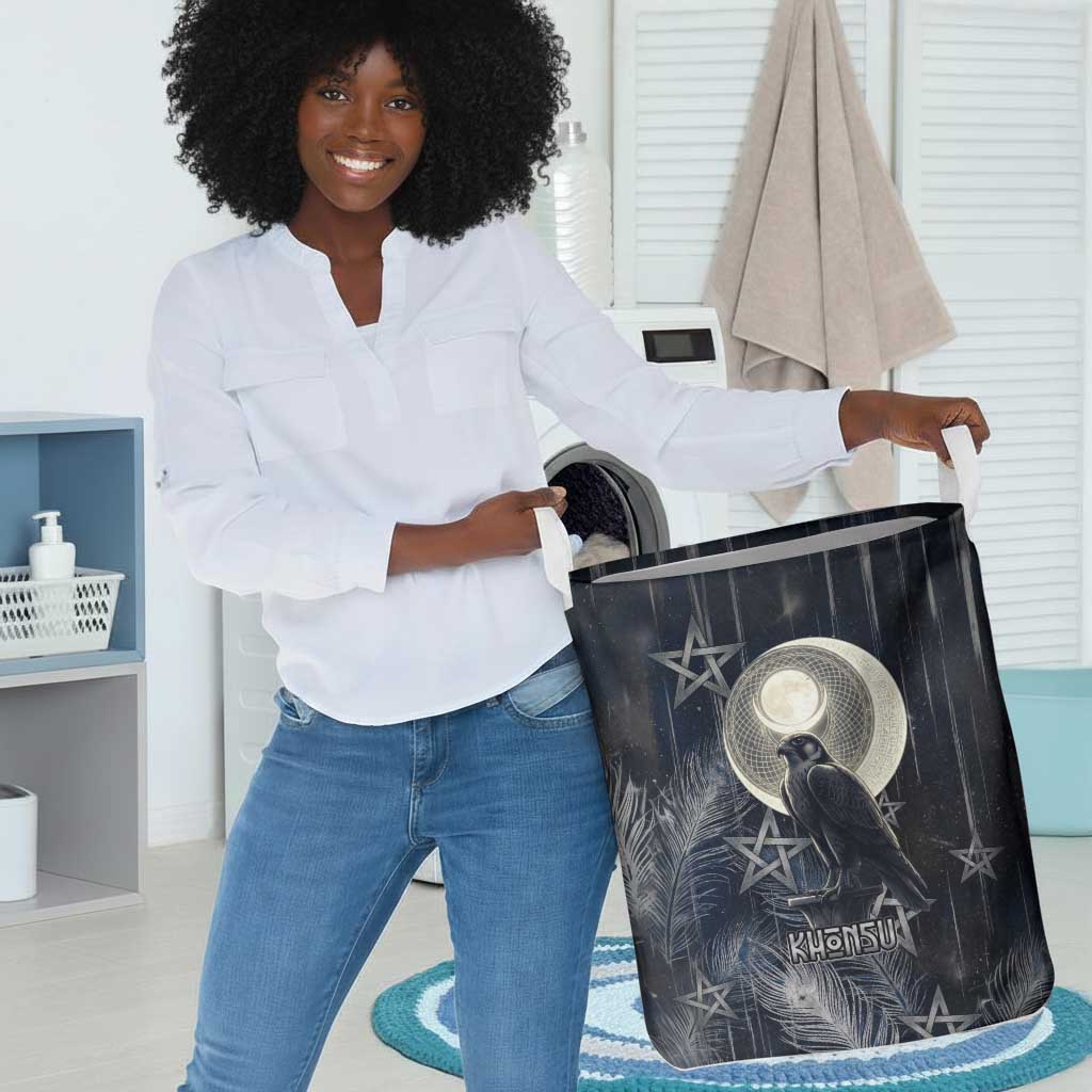 Khonsu Laundry Basket Ancient Egyptian Dark Feather Pattern, Moonlit Raven Symbol, and Eye Lotus - African Pride