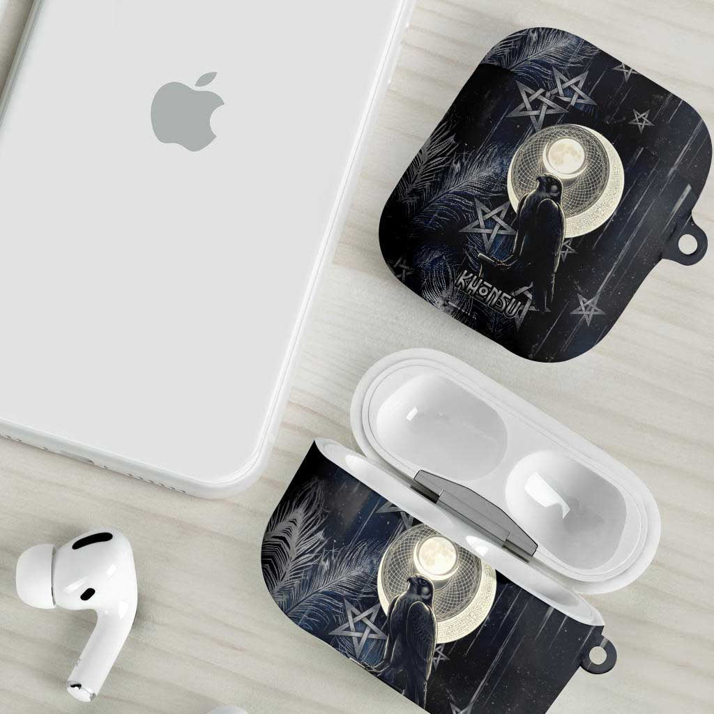 Khonsu AirPods Case Ancient Egyptian Dark Feather Pattern, Moonlit Raven Symbol, and Eye Lotus - African Pride
