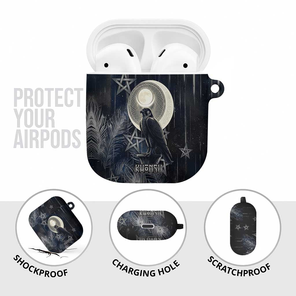 Khonsu AirPods Case Ancient Egyptian Dark Feather Pattern, Moonlit Raven Symbol, and Eye Lotus - African Pride