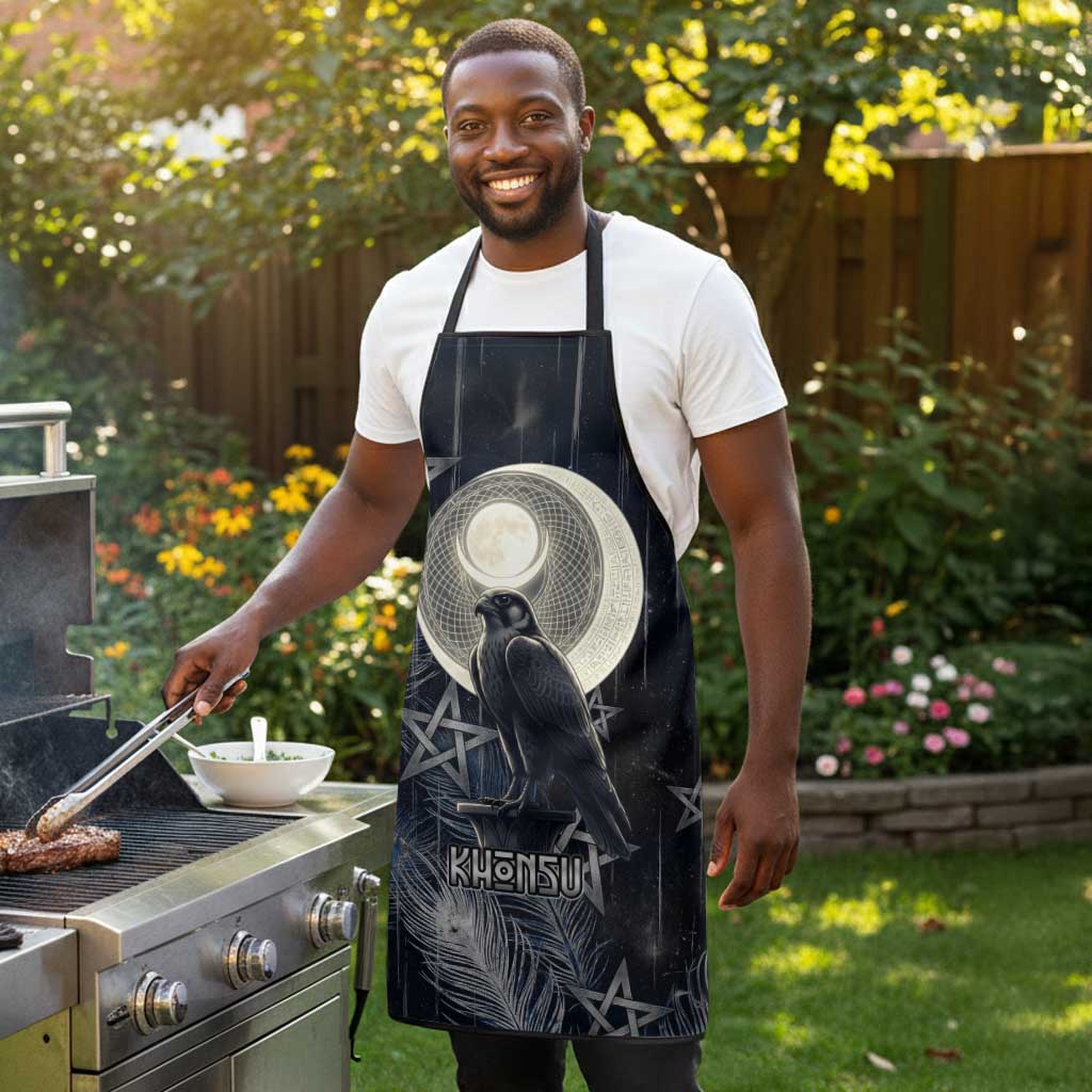Khonsu Apron Ancient Egyptian Dark Feather Pattern, Moonlit Raven Symbol, and Eye Lotus - African Pride