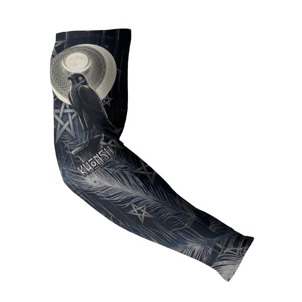 Khonsu Arm Sleeves Ancient Egyptian Dark Feather Pattern, Moonlit Raven Symbol, and Eye Lotus - African Pride