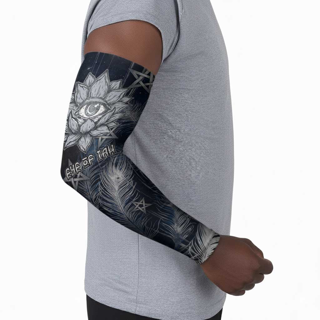 Khonsu Arm Sleeves Ancient Egyptian Dark Feather Pattern, Moonlit Raven Symbol, and Eye Lotus - African Pride