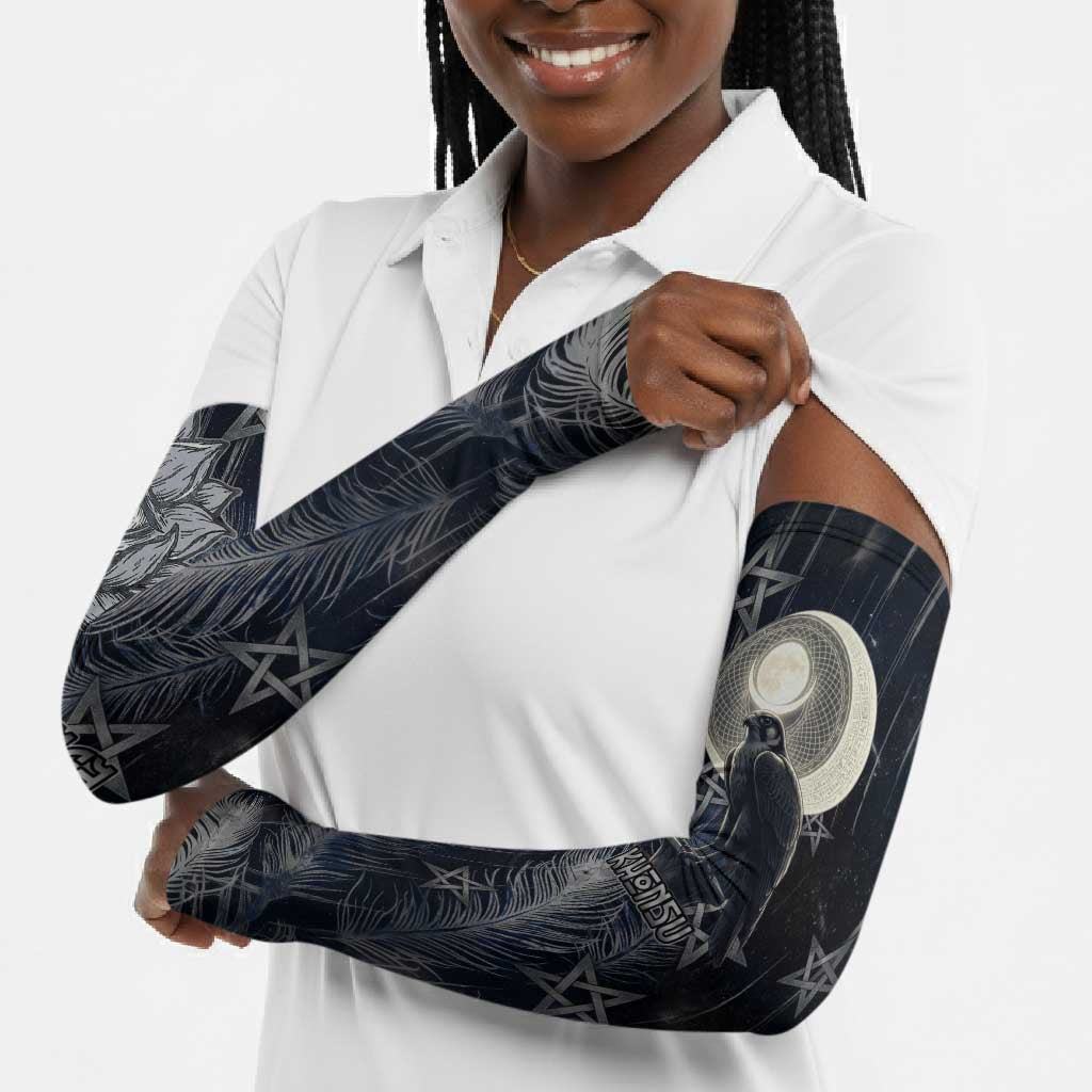 Khonsu Arm Sleeves Ancient Egyptian Dark Feather Pattern, Moonlit Raven Symbol, and Eye Lotus - African Pride