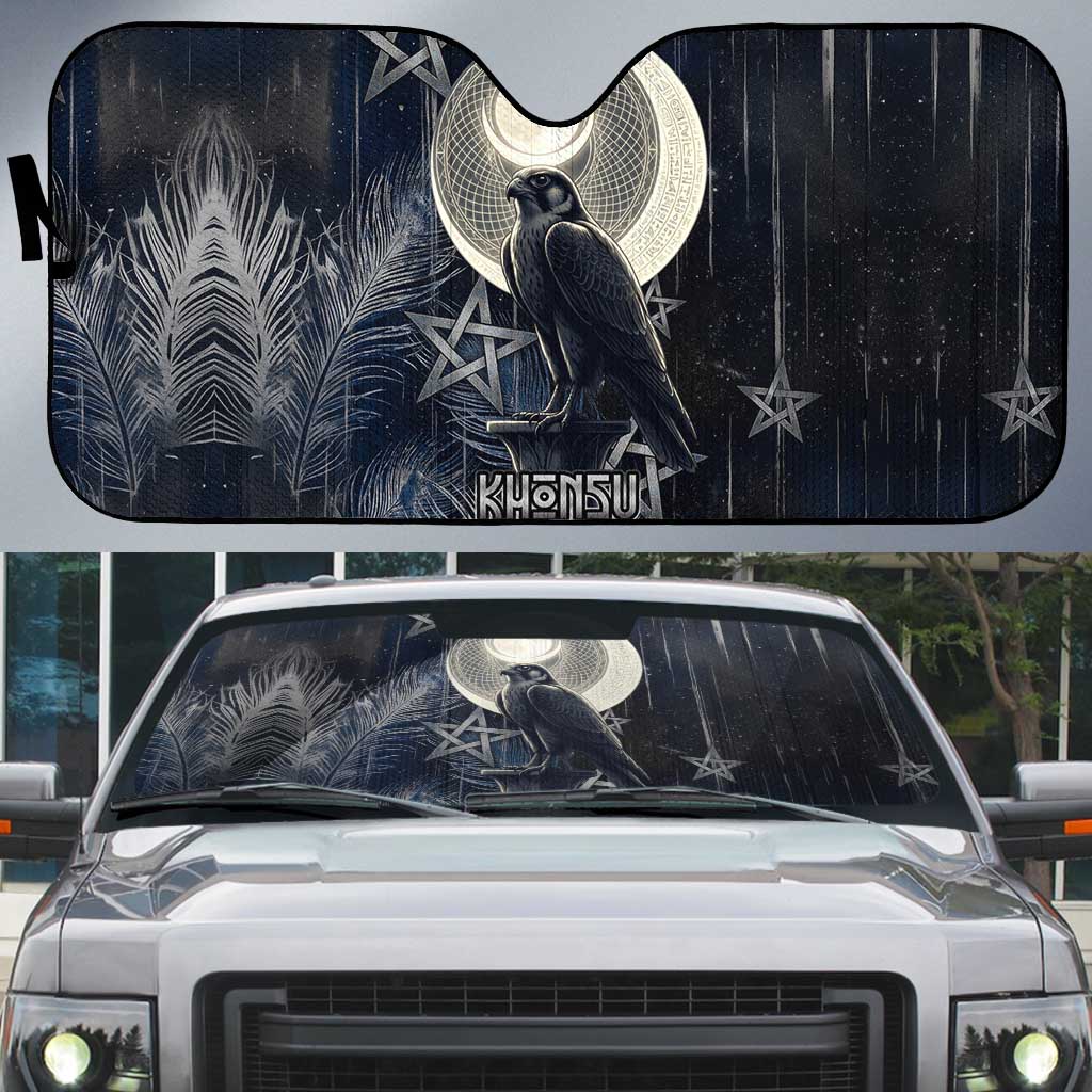 Khonsu Auto Sun Shade Ancient Egyptian Dark Feather Pattern, Moonlit Raven Symbol, and Eye Lotus - African Pride