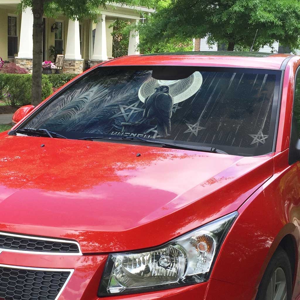 Khonsu Auto Sun Shade Ancient Egyptian Dark Feather Pattern, Moonlit Raven Symbol, and Eye Lotus - African Pride
