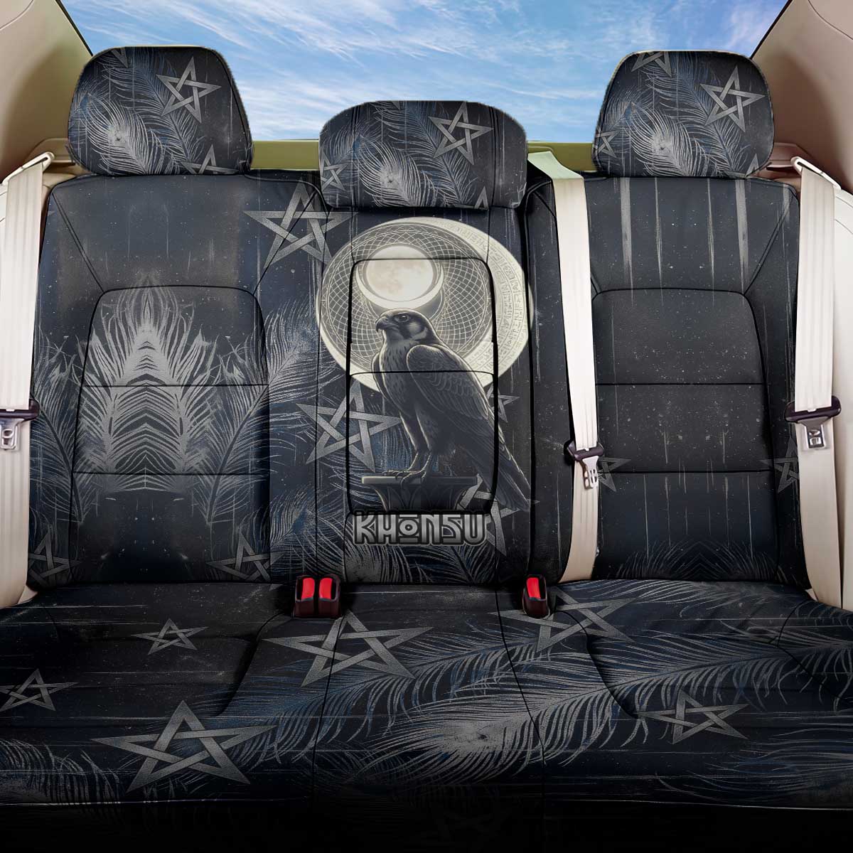 Khonsu Back Car Seat Cover Ancient Egyptian Dark Feather Pattern, Moonlit Raven Symbol, and Eye Lotus - African Pride