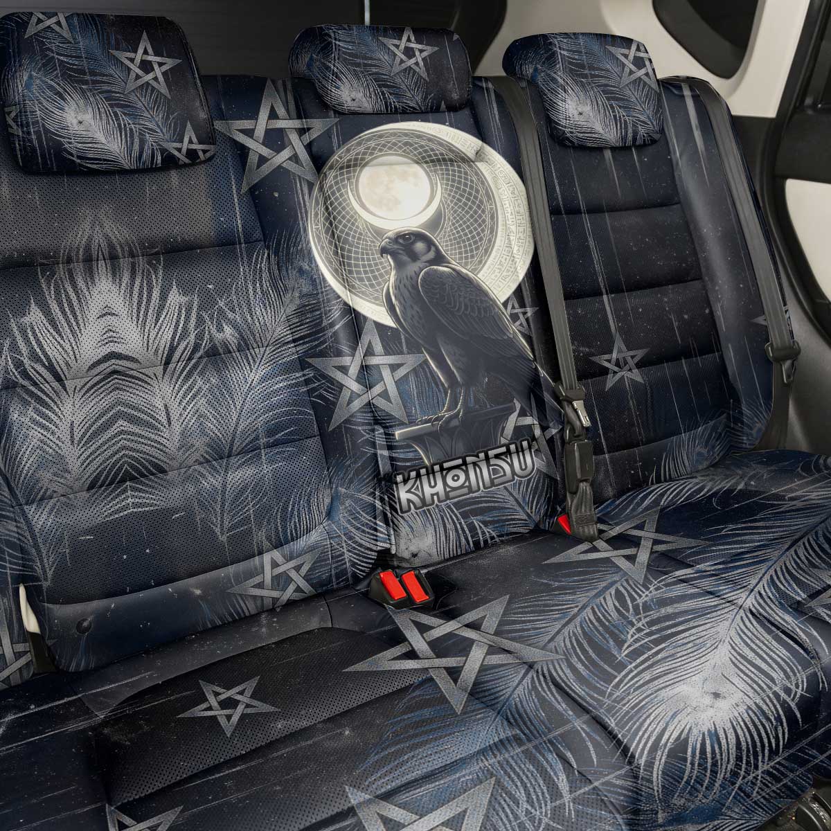 Khonsu Back Car Seat Cover Ancient Egyptian Dark Feather Pattern, Moonlit Raven Symbol, and Eye Lotus - African Pride
