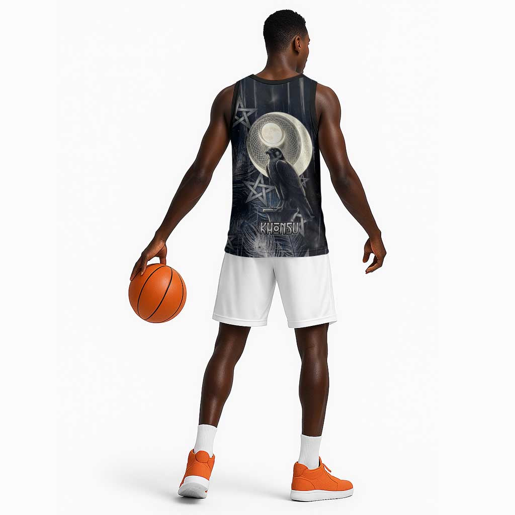 Khonsu Basketball Jersey Ancient Egyptian Dark Feather Pattern, Moonlit Raven Symbol, and Eye Lotus - African Pride
