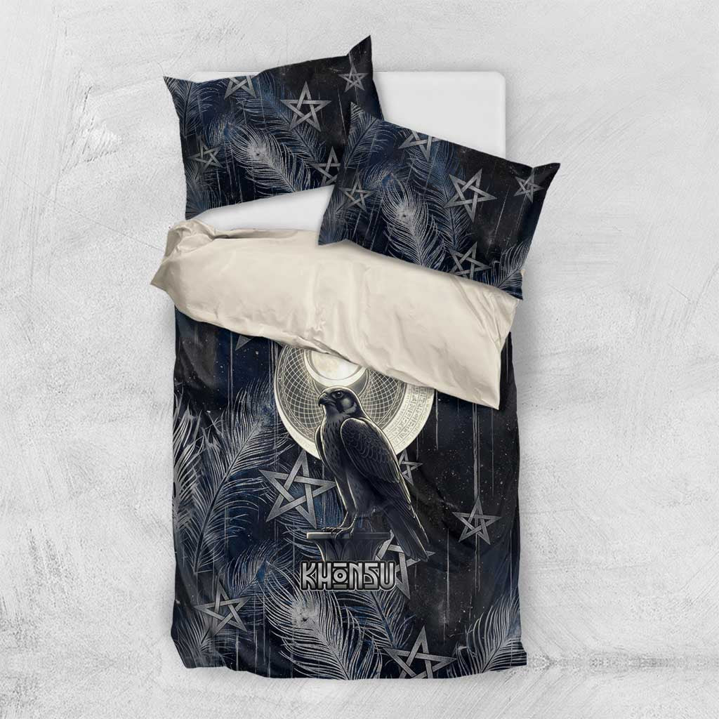 Khonsu Bedding Set Ancient Egyptian Dark Feather Pattern, Moonlit Raven Symbol, and Eye Lotus - African Pride