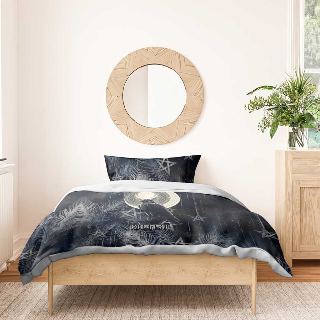 Khonsu Bedding Set Ancient Egyptian Dark Feather Pattern, Moonlit Raven Symbol, and Eye Lotus - African Pride