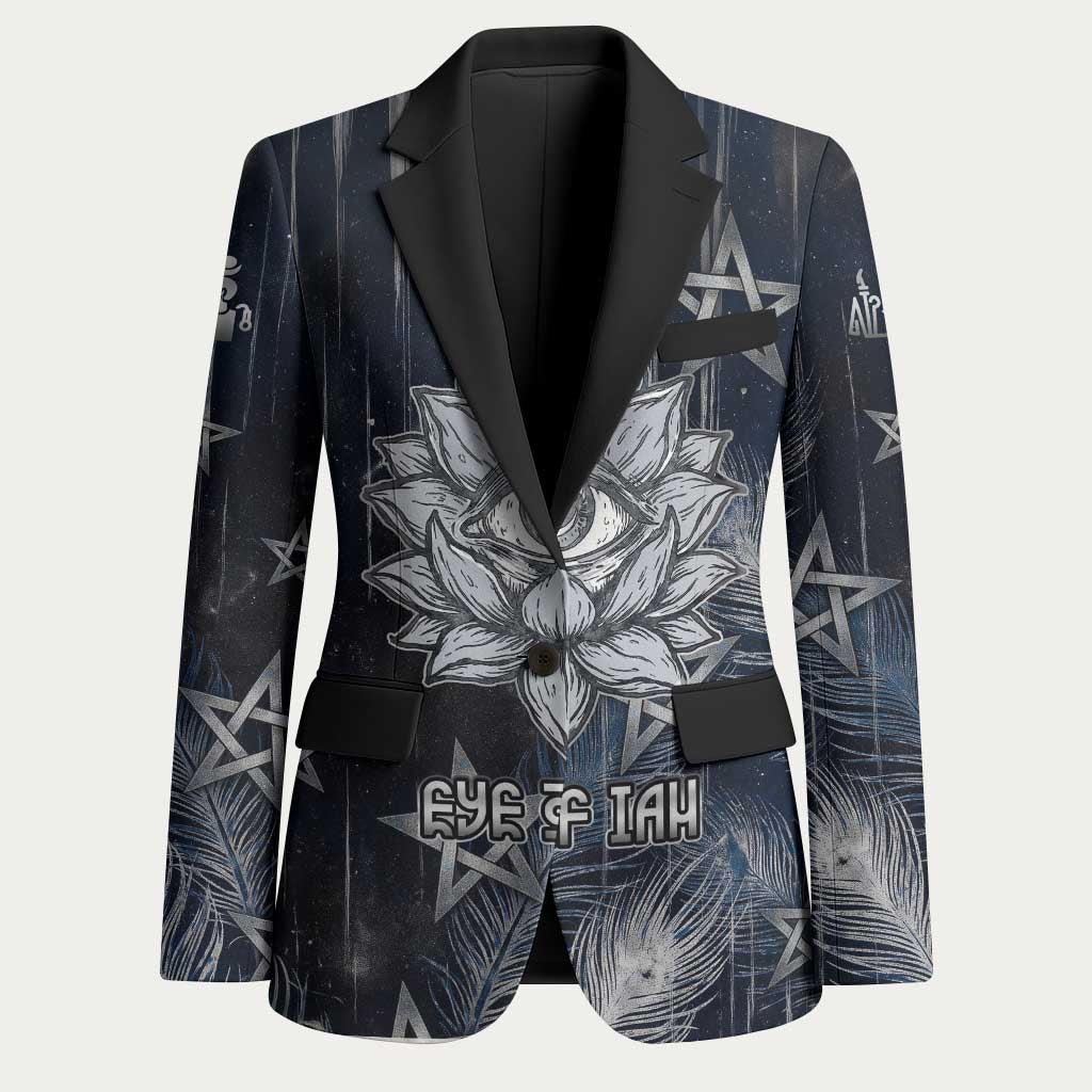 Khonsu Blazer Ancient Egyptian Dark Feather Pattern, Moonlit Raven Symbol, and Eye Lotus - African Pride