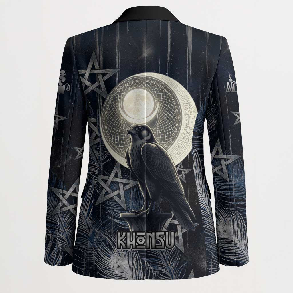 Khonsu Blazer Ancient Egyptian Dark Feather Pattern, Moonlit Raven Symbol, and Eye Lotus - African Pride