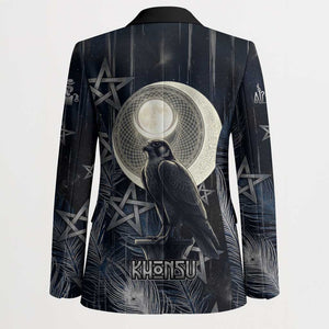 Khonsu Blazer Ancient Egyptian Dark Feather Pattern, Moonlit Raven Symbol, and Eye Lotus - African Pride
