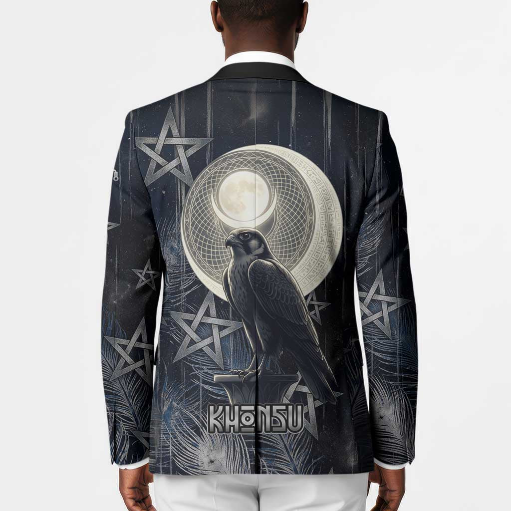 Khonsu Blazer Ancient Egyptian Dark Feather Pattern, Moonlit Raven Symbol, and Eye Lotus - African Pride
