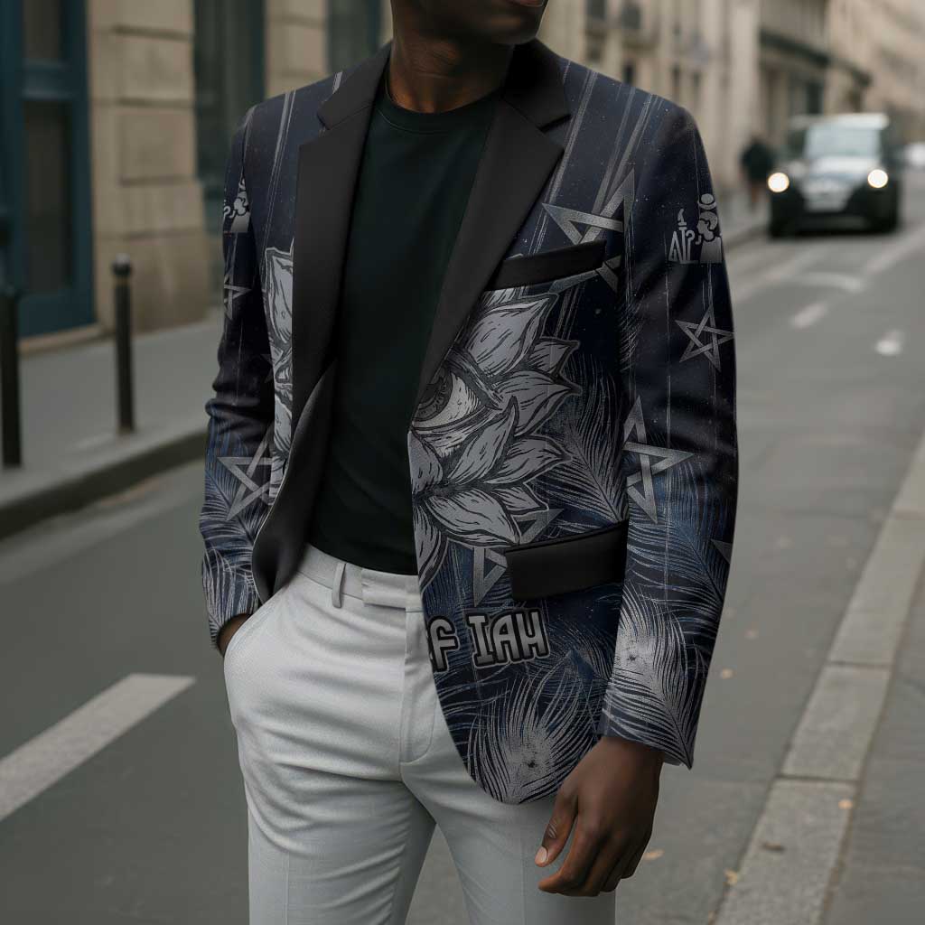 Khonsu Blazer Ancient Egyptian Dark Feather Pattern, Moonlit Raven Symbol, and Eye Lotus - African Pride