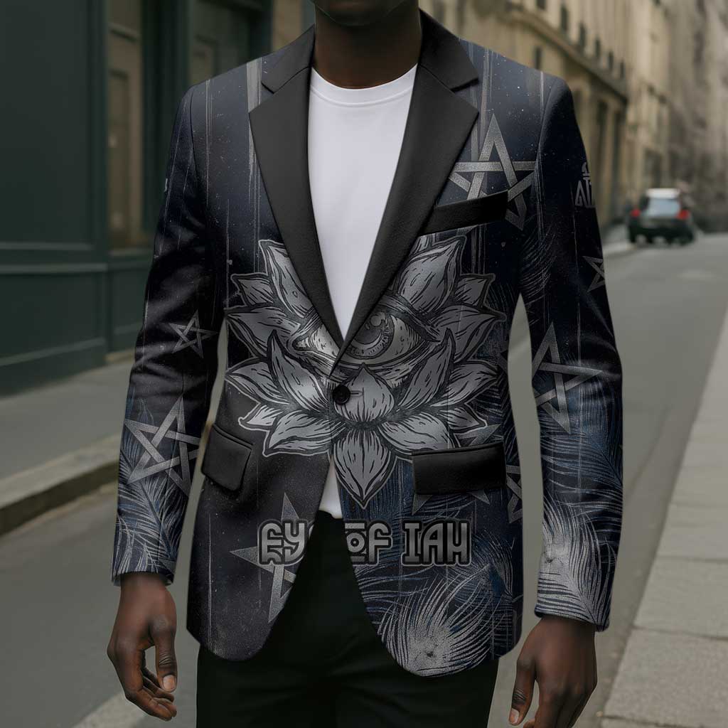 Khonsu Blazer Ancient Egyptian Dark Feather Pattern, Moonlit Raven Symbol, and Eye Lotus - African Pride