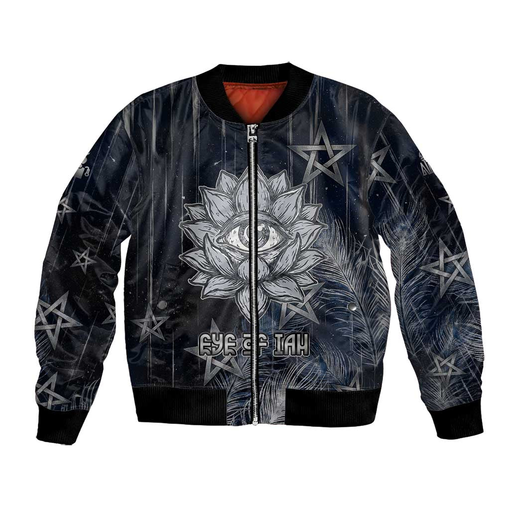 Khonsu Bomber Jacket Ancient Egyptian Dark Feather Pattern, Moonlit Raven Symbol, and Eye Lotus - African Pride