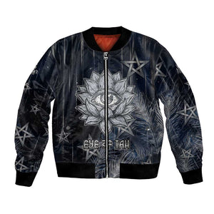 Khonsu Bomber Jacket Ancient Egyptian Dark Feather Pattern, Moonlit Raven Symbol, and Eye Lotus - African Pride