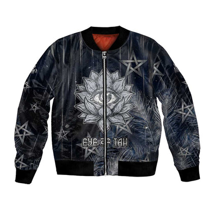 Khonsu Bomber Jacket Ancient Egyptian Dark Feather Pattern, Moonlit Raven Symbol, and Eye Lotus - African Pride