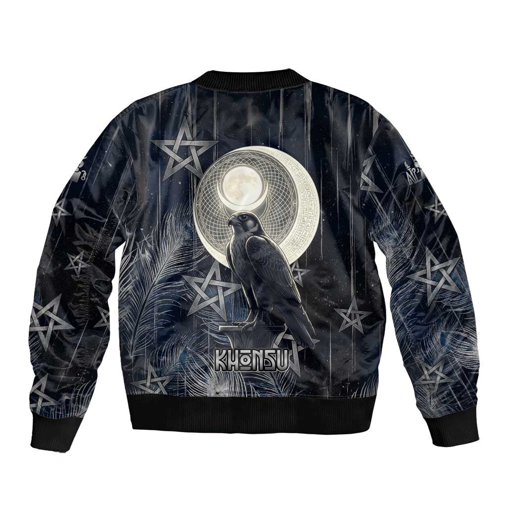 Khonsu Bomber Jacket Ancient Egyptian Dark Feather Pattern, Moonlit Raven Symbol, and Eye Lotus - African Pride
