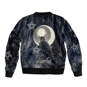Khonsu Bomber Jacket Ancient Egyptian Dark Feather Pattern, Moonlit Raven Symbol, and Eye Lotus - African Pride