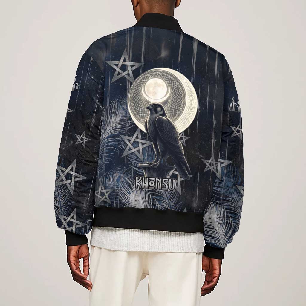 Khonsu Bomber Jacket Ancient Egyptian Dark Feather Pattern, Moonlit Raven Symbol, and Eye Lotus - African Pride