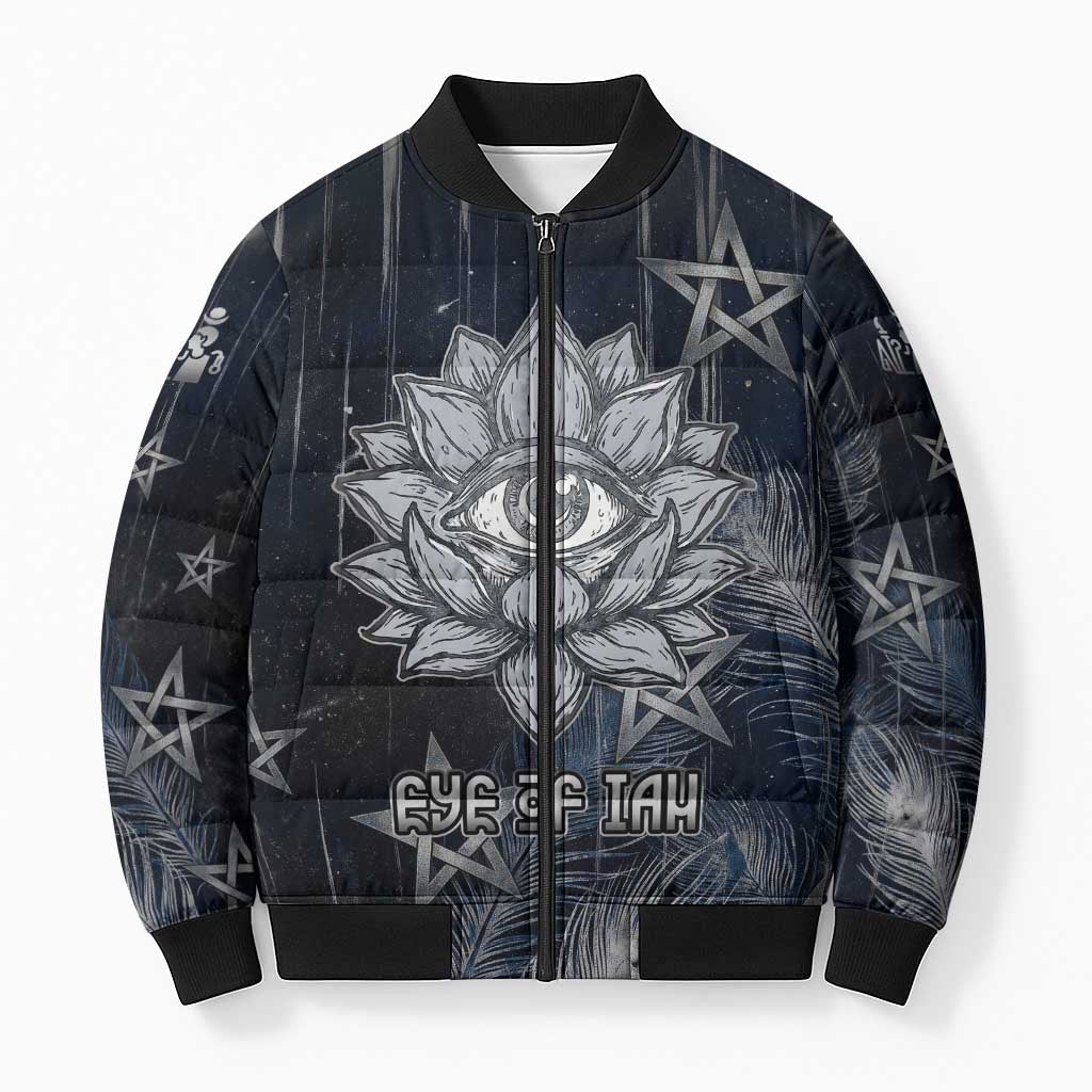 Khonsu Bomber Puffer Jacket Ancient Egyptian Dark Feather Pattern, Moonlit Raven Symbol, and Eye Lotus - African Pride