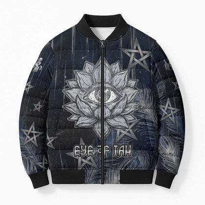 Khonsu Bomber Puffer Jacket Ancient Egyptian Dark Feather Pattern, Moonlit Raven Symbol, and Eye Lotus - African Pride
